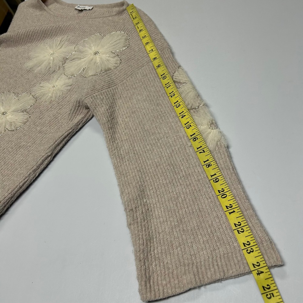 Chicos‎ 3D Floral Sweater Size 2 L Pullover Beaded Lightweight Neutral Fairy Tan - Picture 8 of 9